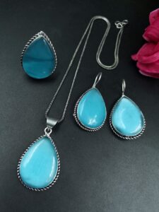 Elegant Drop Stone Necklace (Combo set) | Oxidized Ethnic Chain Beautiful Jewelry for Women - color: "Aqua"
