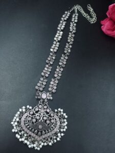 Traditional Floral Art Necklace | Silver Replica Ethnic Stone & Pearl Work Perfect Jewelry for Women - color: "Baby Pink"