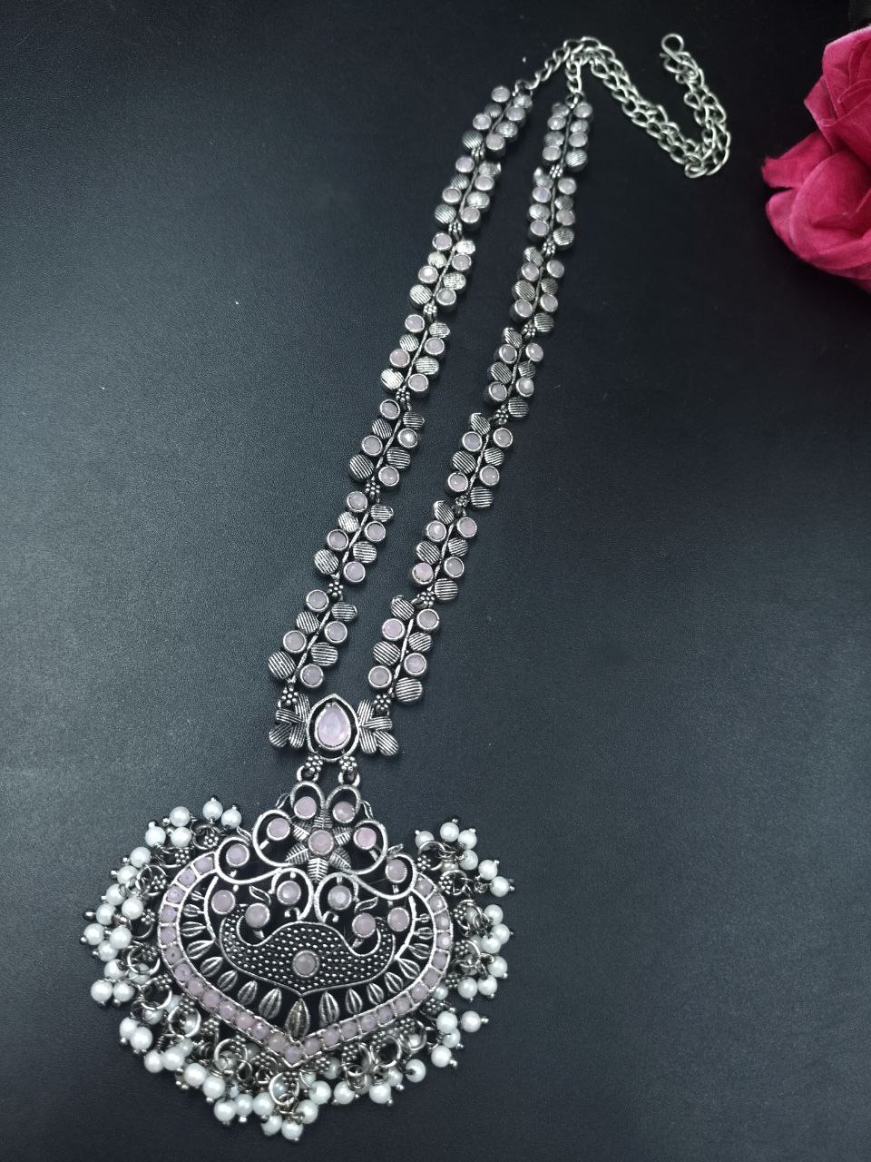 Traditional Floral Art Necklace | Silver Replica Ethnic Stone & Pearl Work Perfect Jewelry for Women 6 Traditional floral art necklace with silver replica stone and pearl work design
