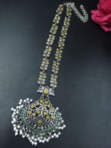 Traditional Floral Art Necklace | Silver Replica Ethnic Stone & Pearl Work Perfect Jewelry for Women - color: "Yellow-Green"