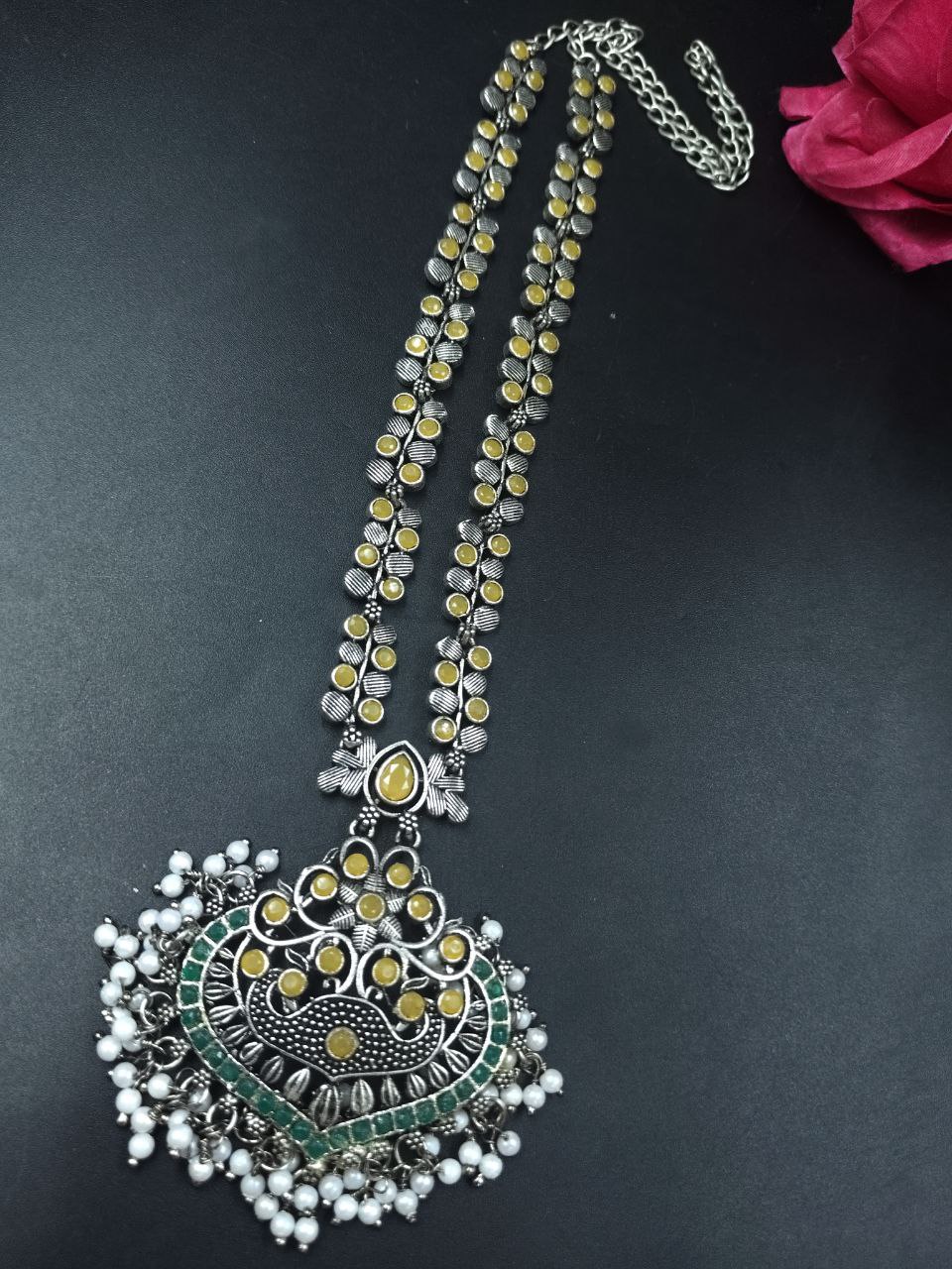 Traditional Floral Art Necklace | Silver Replica Ethnic Stone & Pearl Work Perfect Jewelry for Women 4 Traditional floral art necklace with silver replica stone and pearl work design