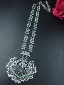 Traditional Floral Art Necklace | Silver Replica Ethnic Stone & Pearl Work Perfect Jewelry for Women - color: "Mint"