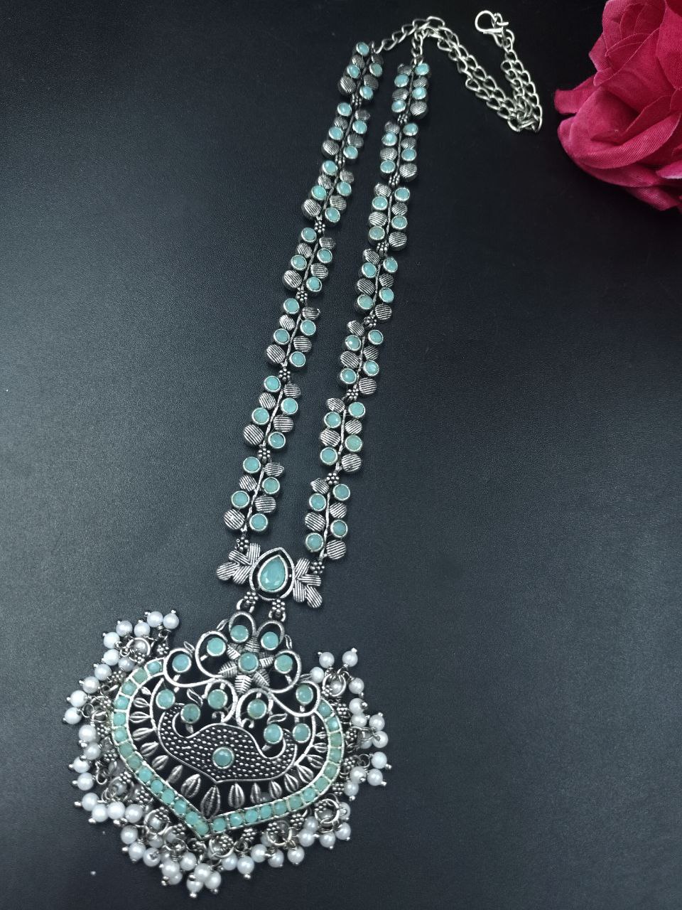 Traditional Floral Art Necklace | Silver Replica Ethnic Stone & Pearl Work Perfect Jewelry for Women 5 Traditional floral art necklace with silver replica stone and pearl work design