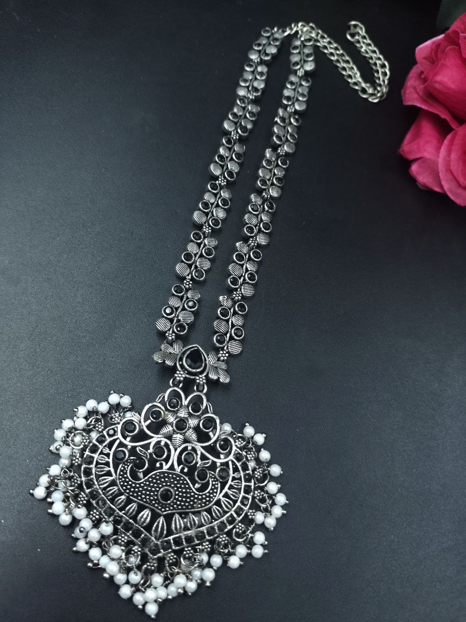 Traditional Floral Art Necklace | Silver Replica Ethnic Stone & Pearl Work Perfect Jewelry for Women 3 Traditional floral art necklace with silver replica stone and pearl work design