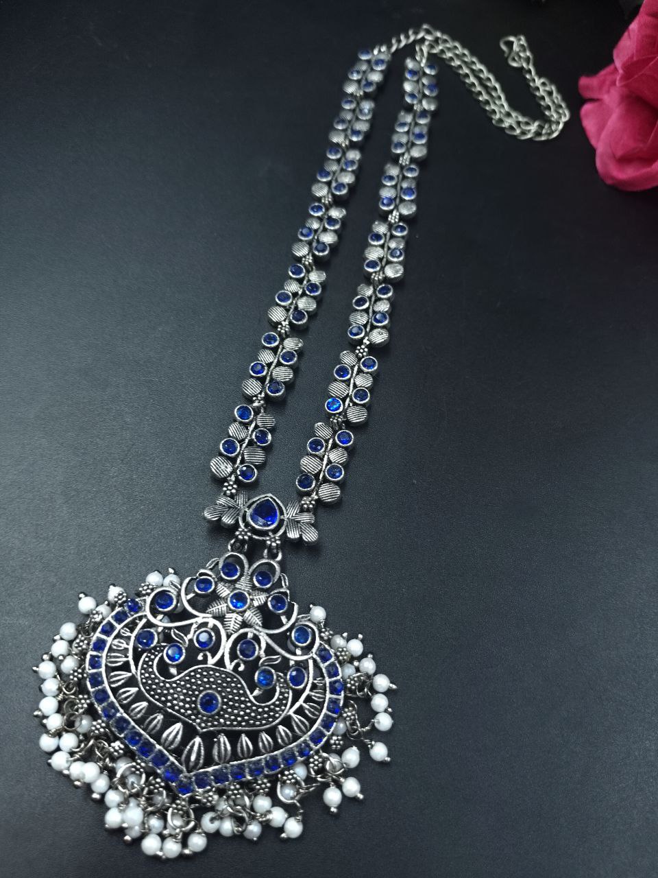 Traditional Floral Art Necklace | Silver Replica Ethnic Stone & Pearl Work Perfect Jewelry for Women 2 Traditional floral art necklace with silver replica stone and pearl work design