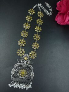 Elegant Floral Art Peacock Necklace | Traditional Stone & Pearl Work Party Wear Amazing Jewelry - color: "Yellow"