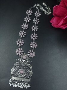 Elegant Floral Art Peacock Necklace | Traditional Stone & Pearl Work Party Wear Amazing Jewelry - color: "Baby Pink"