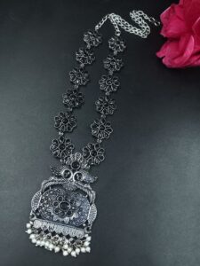Elegant Floral Art Peacock Necklace | Traditional Stone & Pearl Work Party Wear Amazing Jewelry - color: "Black"