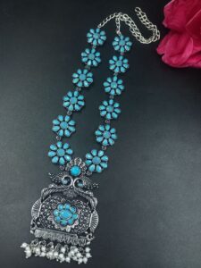 Elegant Floral Art Peacock Necklace | Traditional Stone & Pearl Work Party Wear Amazing Jewelry - color: "Aqua"