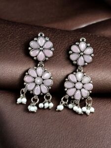 Traditional Flower Design Earrings | Stone & Pearl Work Perfect Jewelry For Girls - color: "Baby Pink"