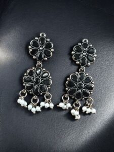 Traditional Flower Design Earrings | Stone & Pearl Work Perfect Jewelry For Girls - color: "Black"