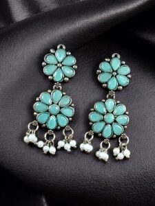 Traditional Flower Design Earrings | Stone & Pearl Work Perfect Jewelry For Girls - color: "Mint"