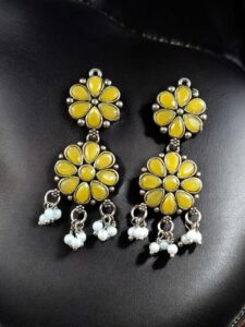 Traditional Flower Design Earrings | Stone & Pearl Work Perfect Jewelry For Girls - color: "Yellow"