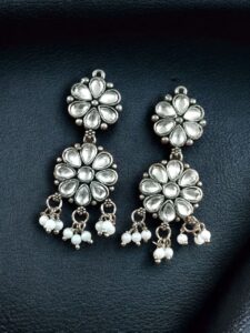 Traditional Flower Design Earrings | Stone & Pearl Work Perfect Jewelry For Girls - color: "White"