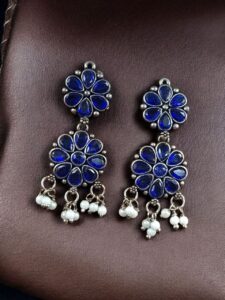 Traditional Flower Design Earrings | Stone & Pearl Work Perfect Jewelry For Girls - color: "Blue"