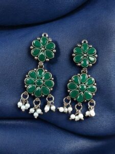 Traditional Flower Design Earrings | Stone & Pearl Work Perfect Jewelry For Girls - color: "Green"