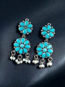 Traditional Flower Design Earrings | Stone & Pearl Work Perfect Jewelry For Girls - color: "Aqua"