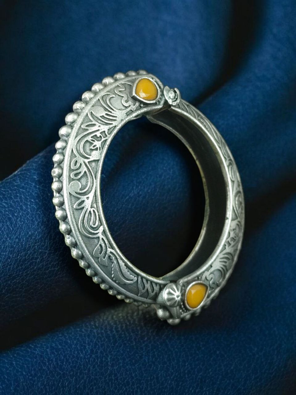 Traditional Floral Art Stone Oxidized Bangle | Silver Replica Openable Kada Ethnic Best Jewelry 3 Traditional floral art stone oxidized silver replica openable bangle for women