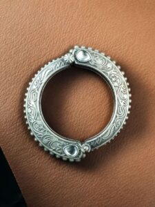 Traditional Floral Art Stone Oxidized Bangle | Silver Replica Openable Kada Ethnic Best Jewelry - color: "White"
