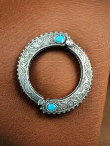 Traditional Floral Art Stone Oxidized Bangle | Silver Replica Openable Kada Ethnic Best Jewelry - color: "Aqua"