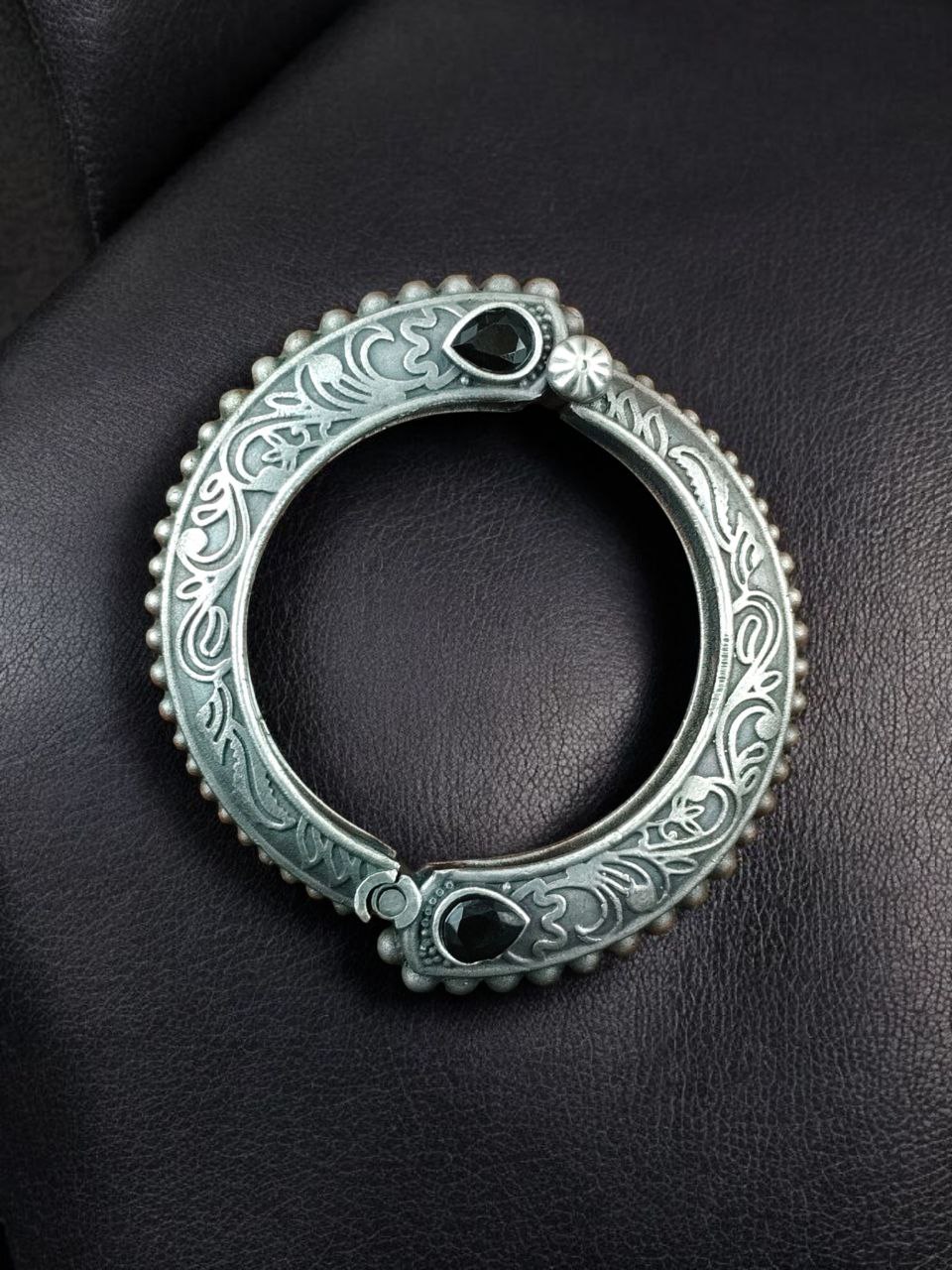 Traditional Floral Art Stone Oxidized Bangle | Silver Replica Openable Kada Ethnic Best Jewelry 10 Traditional floral art stone oxidized silver replica openable bangle for women