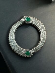 Traditional Floral Art Stone Oxidized Bangle | Silver Replica Openable Kada Ethnic Best Jewelry - color: "Green"