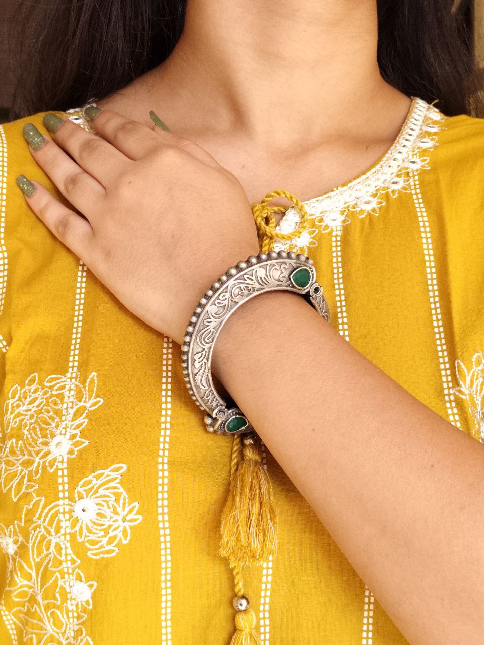 Traditional Floral Art Stone Oxidized Bangle | Silver Replica Openable Kada Ethnic Best Jewelry 1 Traditional floral art stone oxidized bangle for women