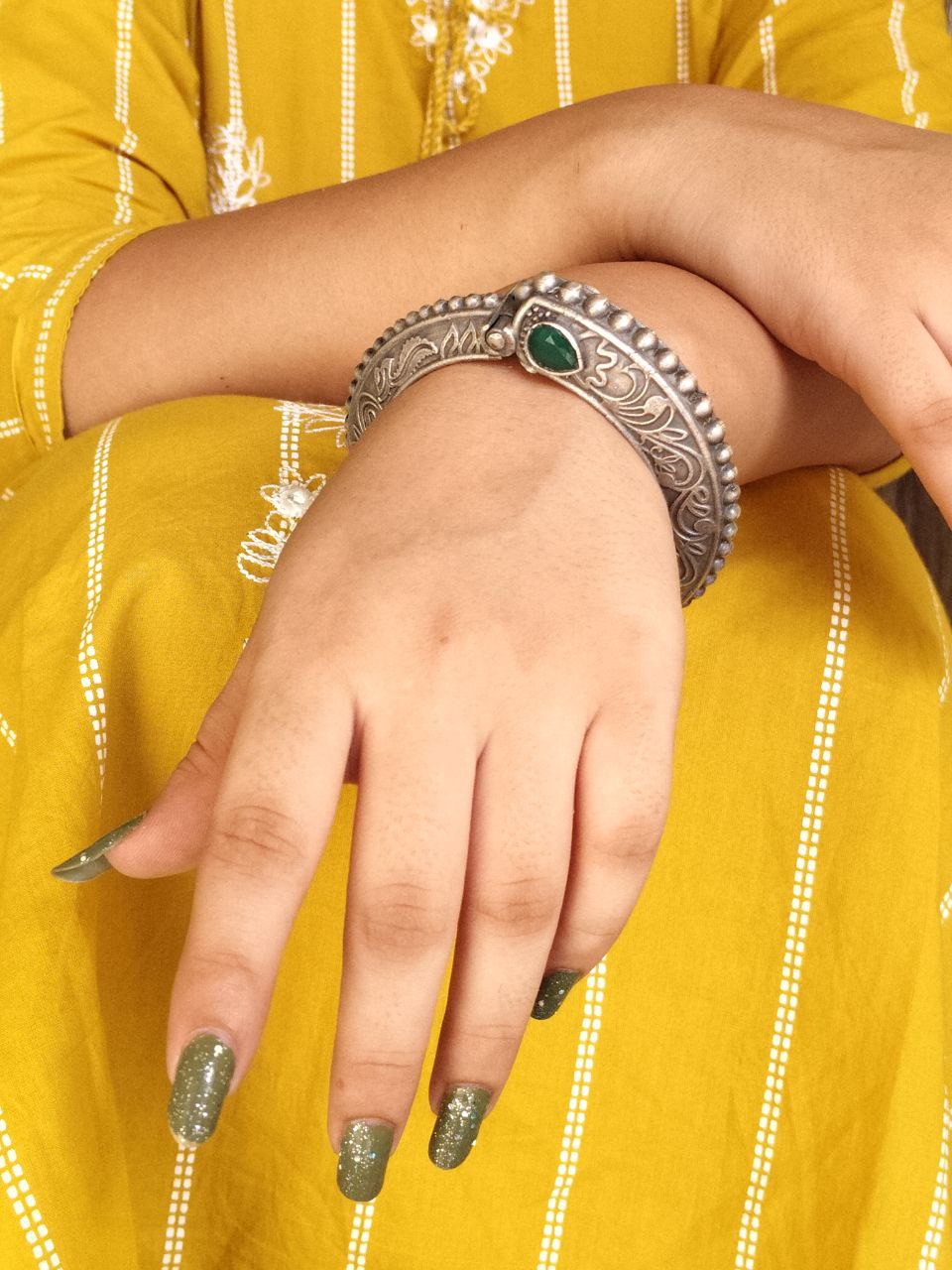 Traditional Floral Art Stone Oxidized Bangle | Silver Replica Openable Kada Ethnic Best Jewelry 2 Traditional floral art stone oxidized silver replica openable bangle for women