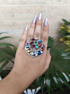 Silver Plated Oxidised Chandbali Design Free Size Ring