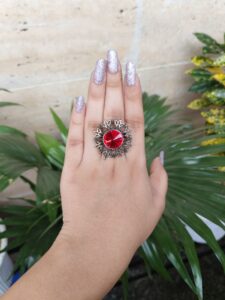 Oxidised Floral Art Red Color Stone Ring For Girls