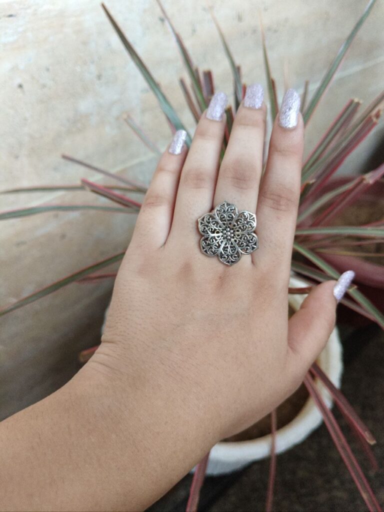 Oxidised Flower Ring | Adjustable Silver Plated Ring
