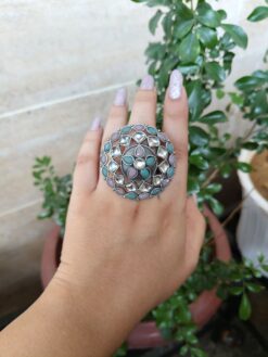 Traditional Oxidised Round Stone Work Rings Adjustable Size