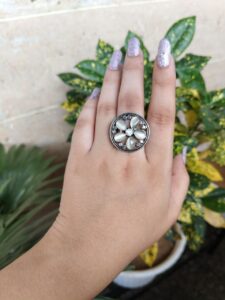 Silver Plated Stone Work Oxidized Ring For Girls