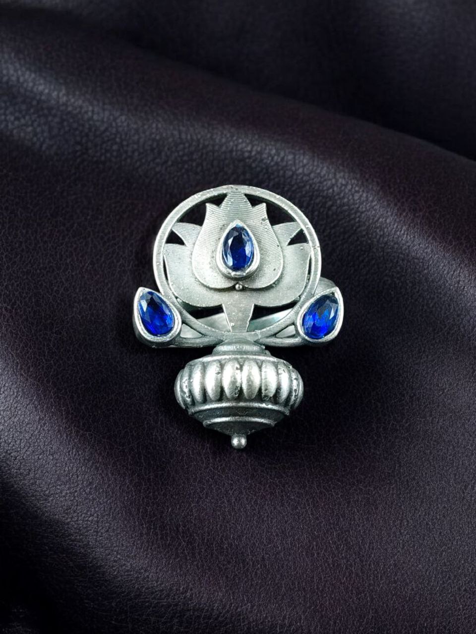 Adjustable Silver Plated Lotus Ring | Stone Ethnic Unique Jewelry for Women 3 Adjustable silver plated lotus ring with stone ethnic design for women