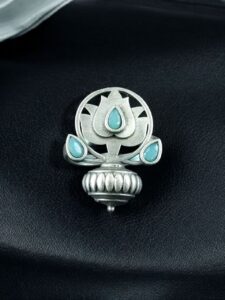 Adjustable Silver Plated Lotus Ring | Stone Ethnic Unique Jewelry for Women - color: "Mint"