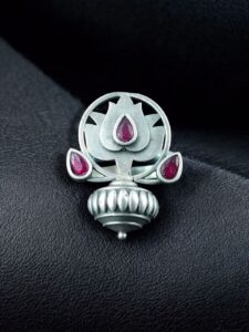Adjustable Silver Plated Lotus Ring | Stone Ethnic Unique Jewelry for Women - color: "Red"