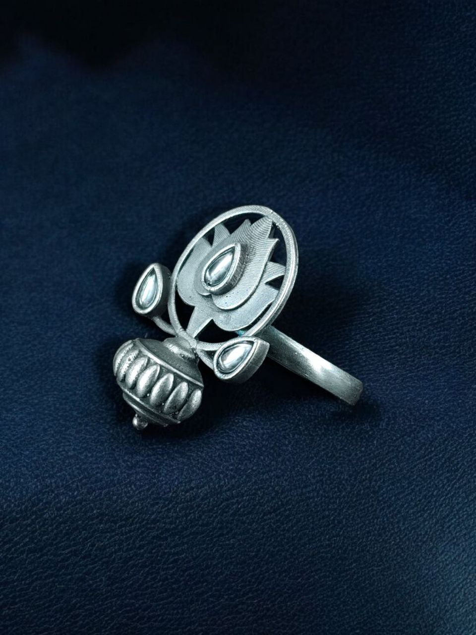 Adjustable Silver Plated Lotus Ring | Stone Ethnic Unique Jewelry for Women 11 Adjustable silver plated lotus ring with stone ethnic design for women