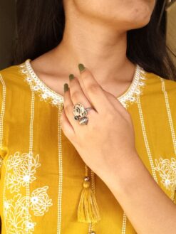 Adjustable silver plated lotus ring with stone ethnic design for women