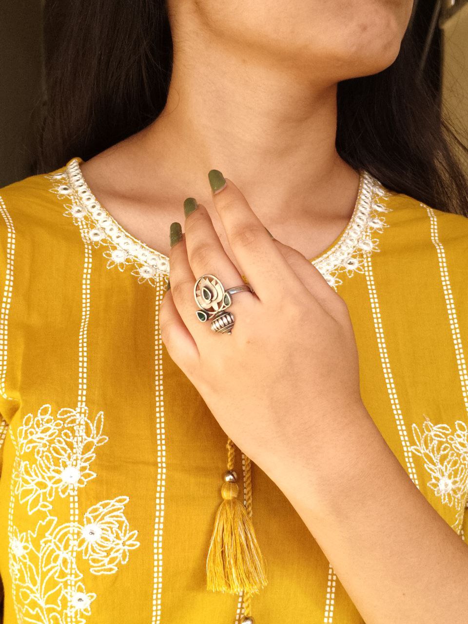 Adjustable Silver Plated Lotus Ring | Stone Ethnic Unique Jewelry for Women 1 Adjustable silver plated lotus ring with stone ethnic design for women