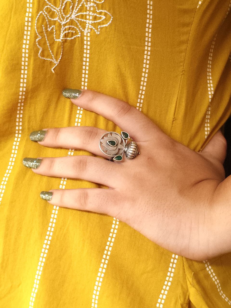 Adjustable Silver Plated Lotus Ring | Stone Ethnic Unique Jewelry for Women 7 Adjustable silver plated lotus ring with stone ethnic design for women