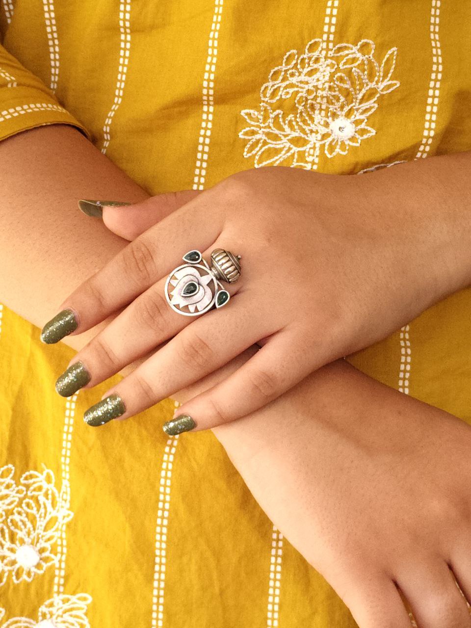 Adjustable Silver Plated Lotus Ring | Stone Ethnic Unique Jewelry for Women 2 Adjustable silver plated lotus ring with stone ethnic design for women