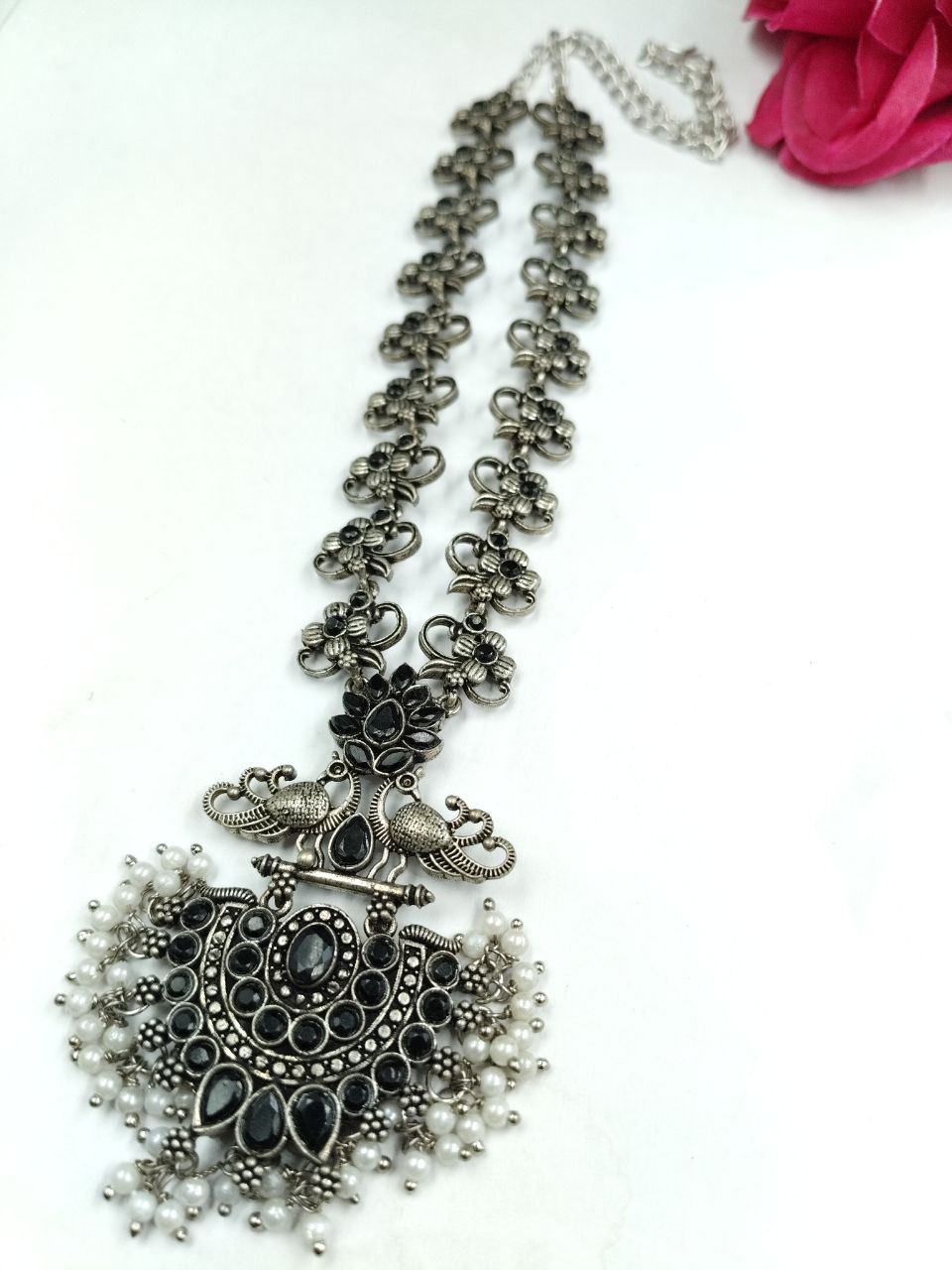 Beautiful Stone & Pearl Work Peacock Necklace | Silver Plated Oxidized Party Wear Jewelry 3 Beautiful silver-plated oxidized peacock necklace with stone and pearl work for party wear.