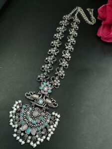 Beautiful Stone & Pearl Work Peacock Necklace | Silver Plated Oxidized Party Wear Jewelry - color: "Baby Pink-Mint"