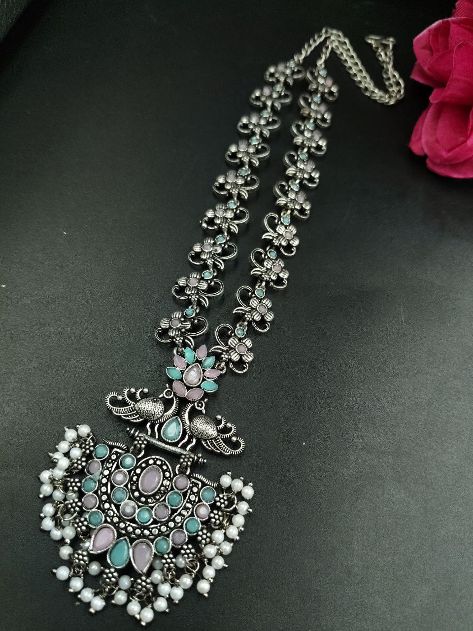 Beautiful Stone & Pearl Work Peacock Necklace | Silver Plated Oxidized Party Wear Jewelry 5 Beautiful silver-plated oxidized peacock necklace with stone and pearl work for party wear.