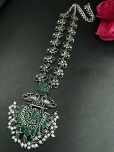 Beautiful Stone & Pearl Work Peacock Necklace | Silver Plated Oxidized Party Wear Jewelry - color: "Green"