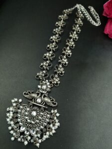 Beautiful Stone & Pearl Work Peacock Necklace | Silver Plated Oxidized Party Wear Jewelry - color: "White"