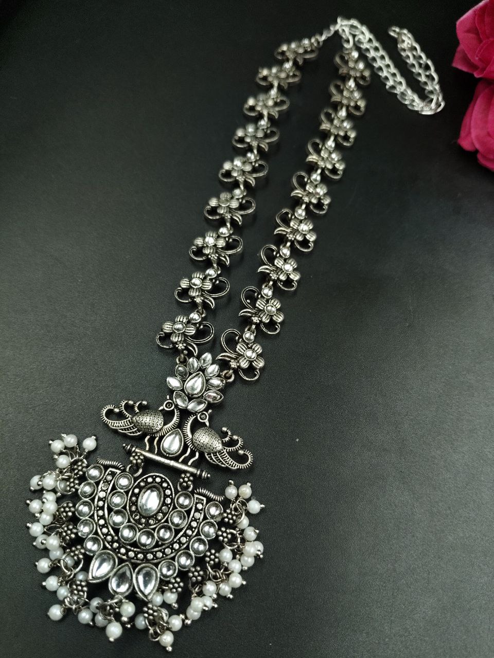 Beautiful Stone & Pearl Work Peacock Necklace | Silver Plated Oxidized Party Wear Jewelry 6 Beautiful silver-plated oxidized peacock necklace with stone and pearl work for party wear.