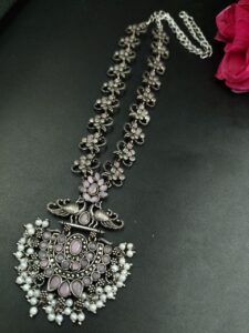 Beautiful Stone & Pearl Work Peacock Necklace | Silver Plated Oxidized Party Wear Jewelry - color: "Baby Pink"