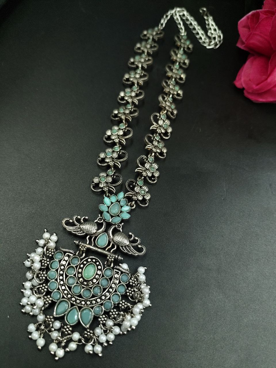 Beautiful Stone & Pearl Work Peacock Necklace | Silver Plated Oxidized Party Wear Jewelry 8 Beautiful silver-plated oxidized peacock necklace with stone and pearl work for party wear.