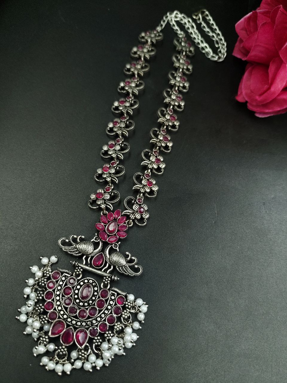 Beautiful Stone & Pearl Work Peacock Necklace | Silver Plated Oxidized Party Wear Jewelry 9 Beautiful silver-plated oxidized peacock necklace with stone and pearl work for party wear.